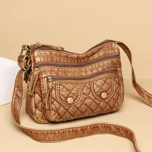 Women's Retro Washed PU Leather Crossbody Bag Large Capacity Multi Zipper Layer Quilted Rhombic Shoulder Bag Brown