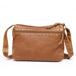 Vintage brown washed leather crossbody bag with quilted rhombic pattern and zipper pocket
