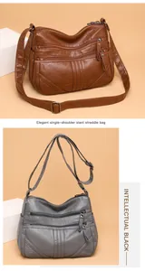 Detail of multi-pocket washed leather crossbody bags in brown and dark gray finishes