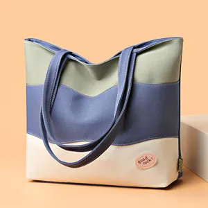 Large Capacity Canvas Tote Bag For Women Splicing Color Wavy Straight Line Pattern Casual Shoulder Bag Handbag School Travel