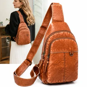 Retro gewaschene Leder Crossbody Brusttasche für Damen mit Reißverschluss und Gurtband