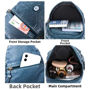 Detail view of a blue soft leather chest bag showing multi-pocket storage and interior space