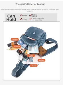 Top view of blue soft leather crossbody bag with spacious compartments and multi-pockets