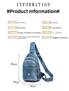 Detailed spec chart for blue faux leather chest bag showing dimensions and materials