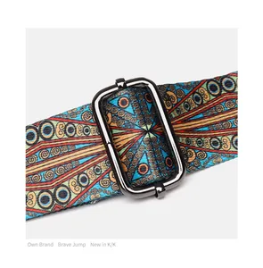 Detail of bohemian patterned shoulder strap with durable metallic adjustment buckle
