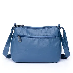 Morandi blue washed PU leather crossbody bag with multiple pockets and functional zippers