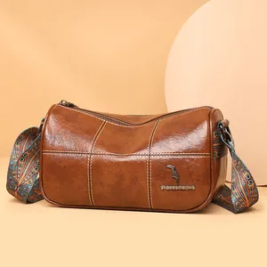 Women Vintage Split Cowhide Leather Barrel Crossbody Bag Contrast Stitching Boston Bag With Patterned Wide Ethnic Shoulder Strap