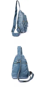 Detailed views of a blue retro leather chest bag showing front side and back with metal buckles