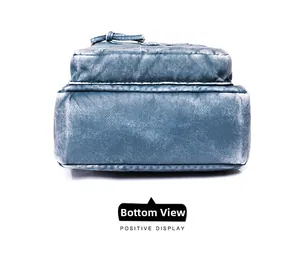 Detailed bottom view of vintage blue leather chest bag showing texture and stitching