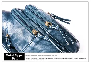 Detail of smooth hardware zippers and vintage blue faux leather texture on the chest bag