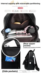 Detail view of leather backpack interior compartments and anti-theft zipper pockets