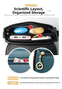 Detailed interior compartments of a leather crossbody bag with golden kangaroo pendant