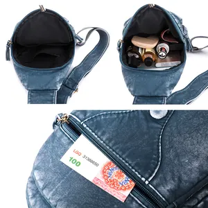 Blue retro soft leather chest bag for women with multiple compartments and vintage texture