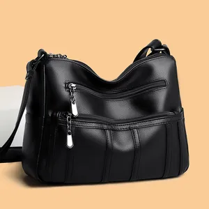 Damen Große Kapazität Spaltleder Umhängetasche Mode Litschi Muster Multi Reißverschluss Crossbody Bag Weiches Leder Handtasche