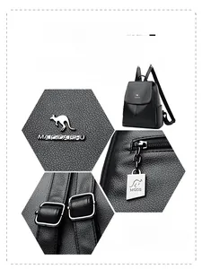Detail of black pebbled leather backpack showing silver kangaroo logo and metal zipper
