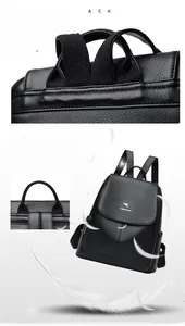 Close-up of reinforced shoulder strap stitching on a black lychee texture leather backpack