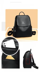 Macro detail of litchi texture leather backpack with anti-theft rear zipper and side pockets