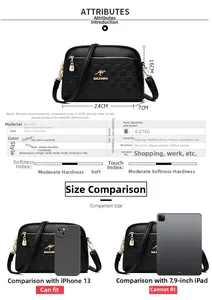 Infographic showing dimensions 16x24x7cm and features of the black crossbody bag
