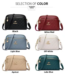 Collage of leather crossbody bags in six colors with litchi texture and golden hardware