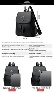 Black leather backpack size chart and capacity display showing iPad and daily items