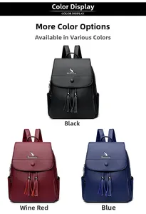 Detailed views of leather backpacks in black, wine red, and blue with tassel accents