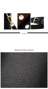Detailed macro view of black litchi grain leather texture and gold metal hardware buckles