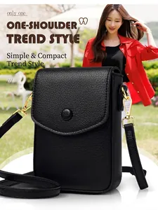 Detailed view of black litchi pattern leather phone bag with gold hardware and flap
