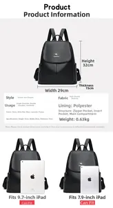 Size comparison and specifications of black faux leather backpack for women with tablet
