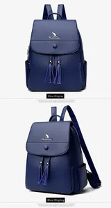 Close-up of blue pebbled leather backpack with magnetic flap and tassel details