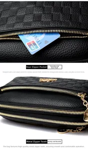 Detail of the back anti-theft zipper pocket and checkerboard embossed faux leather texture