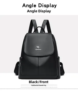 Front detail of black faux leather backpack with lychee texture and gold kangaroo logo