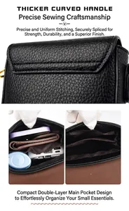 Detail of black pebbled leather handbag featuring double-layer compartments and stitching