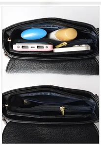 Internal layout of a black leather crossbody bag with multiple compartments and blue lining
