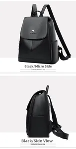 Detail view of the black lychee pattern leather backpack showing side pockets and metal logo
