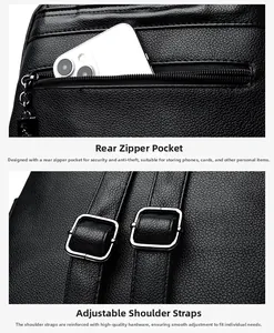 Detail view of black pebbled leather backpack with anti-theft pocket and metal buckles