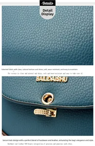 Close-up of blue lychee grain leather with golden logo and ring buckle hardware