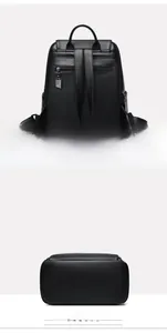 Rear view and bottom detail of black leather backpack showing anti-theft zipper and logo