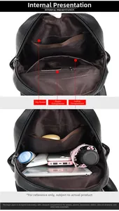 Internal view of black pebbled leather backpack showing multi-pocket compartments and storage