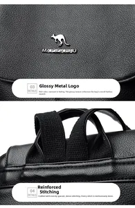 Detail of the black lychee grain leather backpack with metallic logo and reinforced stitching