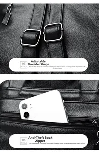 Detail of adjustable straps and anti-theft back pocket on black pebble leather backpack
