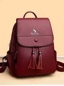 Women Fashion Composite Cowhide Backpack Urban Lychee Texture Tassel Flap Backpack Waterproof Travel School Commute Large Capacity Bag