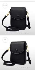Front and side views of a black litchi pattern leather crossbody phone bag with gold snap