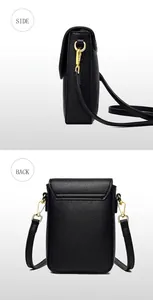 Macro view of black pebbled leather phone bag showing side and back with gold metal hooks