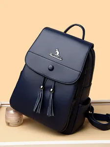 Navy blue lychee grain leather backpack with decorative tassels and kangaroo logo