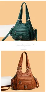 Détail de sacs à main en cuir souple multi-poches en vert foncé et marron avec fermoirs