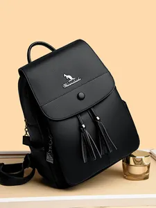 Women black leather backpack with litchi texture and metal logo in casual daily style