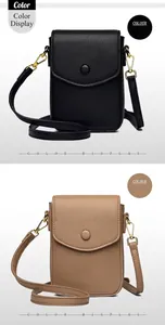 Detail of leather crossbody phone bags in black and khaki with button flaps