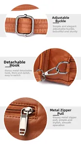 Vue détaillée de la boucle réglable et du crochet amovible sur un sac en cuir marron grainé
