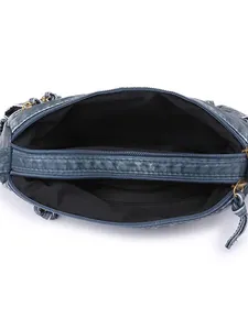 Women's vintage washed leather shoulder bag with three functional zipper compartments