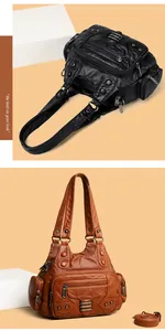 Détails de la texture du cuir PU lavé et des multiples poches zippées sur sacs rétro